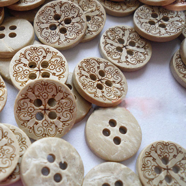 

PandaHall Carved Round 4-hole Basic Sewing Button, Coconut Button, BurlyWood, about 13mm in diameter, about 100pcs/bag Coconut Orange