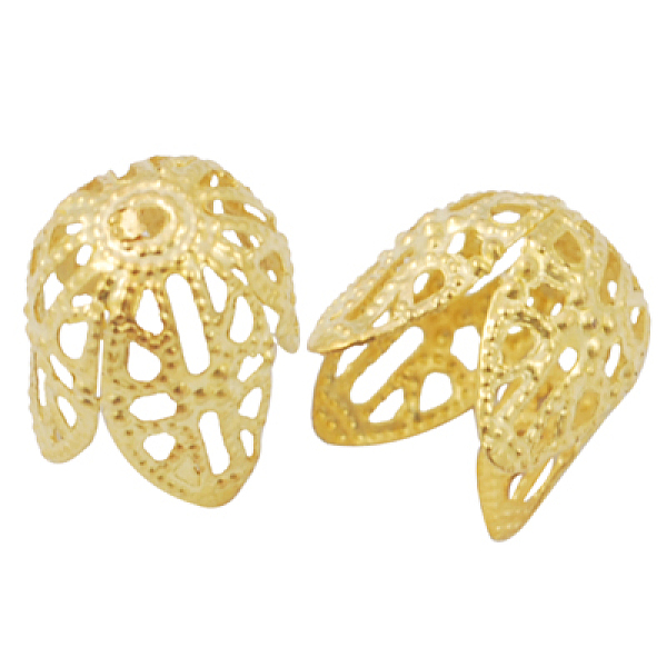 

PandaHall Iron Bead Caps, Filigree, Golden, about 11mm long, 10mm wide, 12mm thick, hole: 1mm Iron