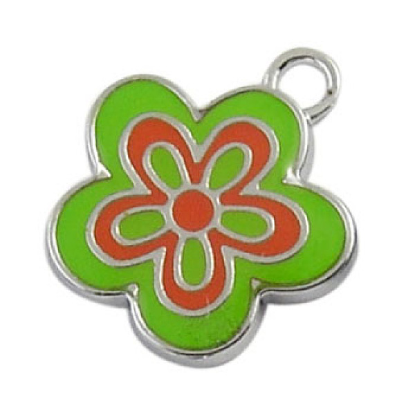 PandaHall Alloy Enamel Pendants, Lead Free and Cadmium Free, Flower, Great For Mother's Day Gift Making, LineGreen, Platinum, about 22mm...