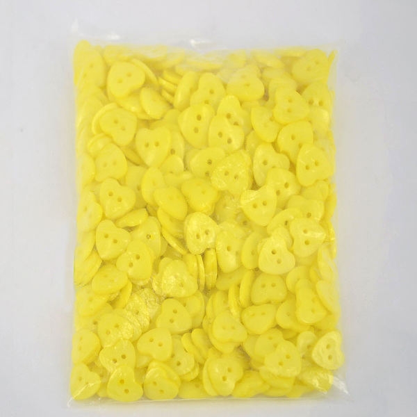 

PandaHall Lovely Heart Shaped Buttons, ABS Plastic Button, Yellow, about 14mm in diameter, hole: 1.5mm, about 400pcs/bag Plastic Yellow