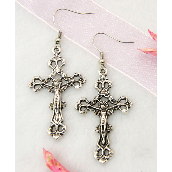 

PandaHall Fashion Cross Earrings, with Tibetan Style Pendant and Brass Earring Hooks, Antique Silver Color, 57mm Alloy