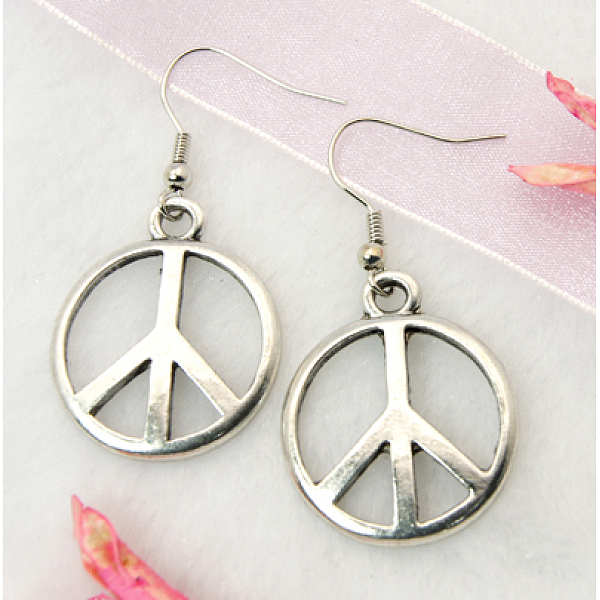 

PandaHall Fashion Peace Sign Earrings, with Tibetan Style Pendant and Brass Earring Hook, Platinum, 44mm Alloy