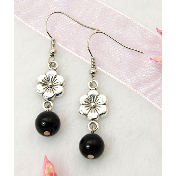 

PandaHall Dangle Flower Earrings, with Tibetan Style Pendant, Glass Beads and Brass Earring Hook, Black, 45mm Glass Black