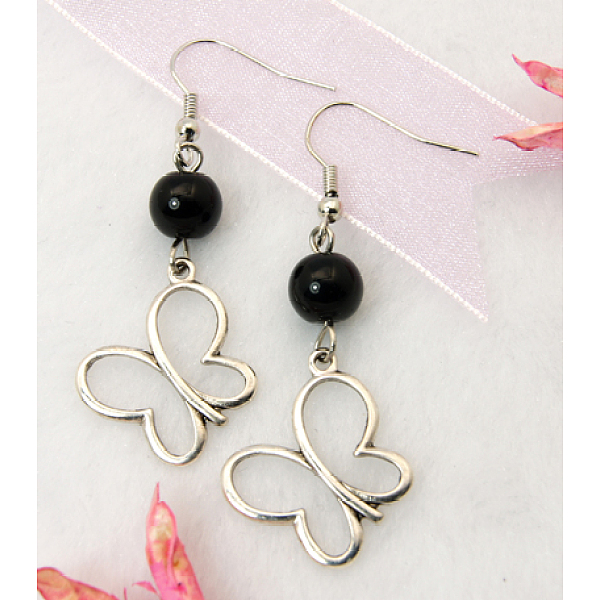 

PandaHall Dangle Butterfly Earrings, with Tibetan Style Pendant, Glass Beads and Brass Earring Hook, Black, 53mm Glass Black