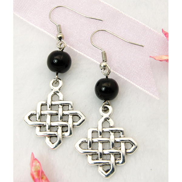 

PandaHall Dangle Rhombus Earrings, with Tibetan Style Pendant, Glass Beads and Brass Earring Hook, Black, 53mm Glass Black