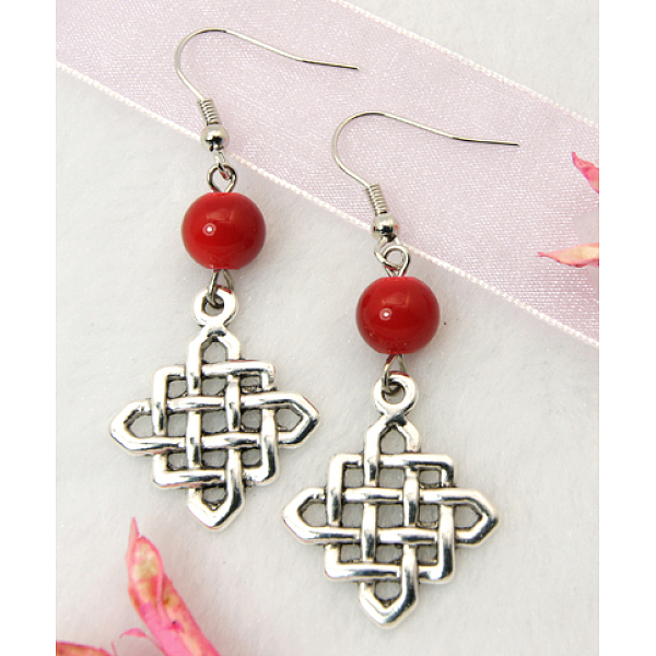 

PandaHall Dangle Rhombus Earrings, with Tibetan Style Pendant, Glass Beads and Brass Earring Hook, Red, 53mm Glass Red