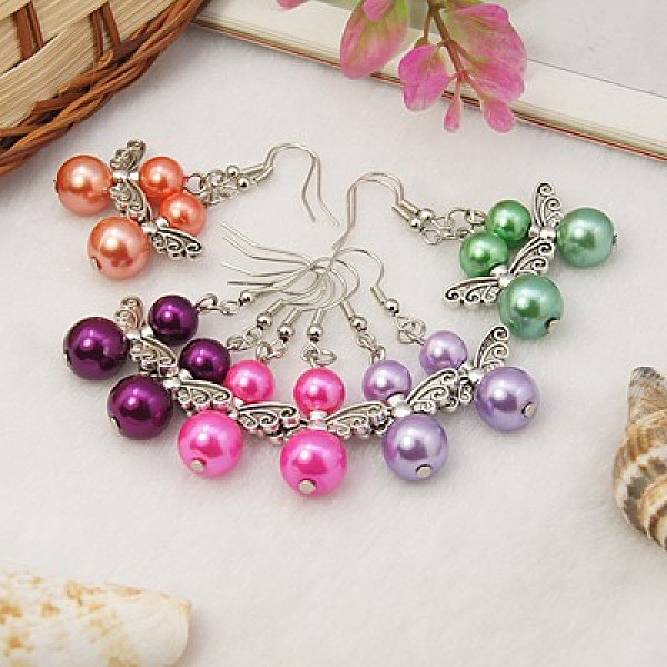 

PandaHall Trendy Glass Pearl Fairy Wing Dangle Earrings, with Tibetan Style Beads, Brass Earring Hooks, Mixed Color, 45mm Glass Multicolor