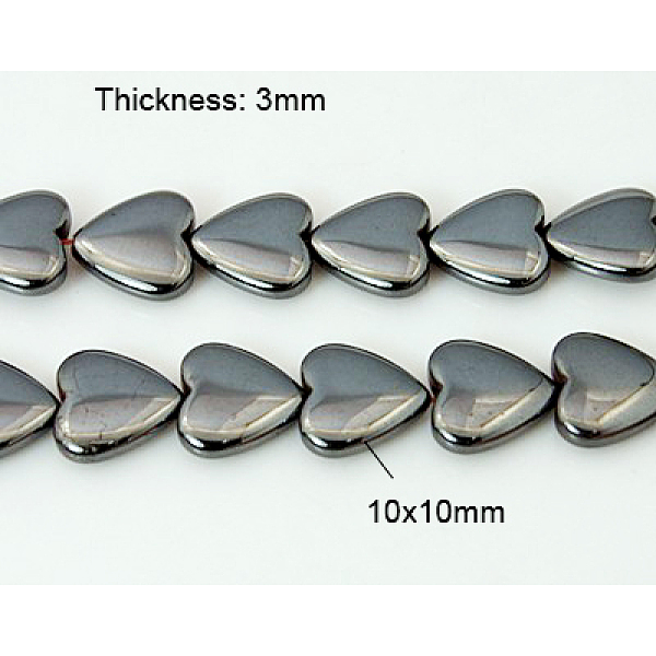 PandaHall Non-Magnetic Synthetic Hematite Bead Strands, Heart, Black, 10x10x3mm, Hole: 1mm Non-magnetic Hematite Heart Black