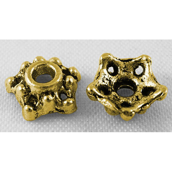 

PandaHall Tibetan Style Alloy Bead Caps, 5-Petal, Antique Golden, Cadmium Free & Nickel Free & Lead Free, 7.5x3mm, Hole: 2mm Alloy