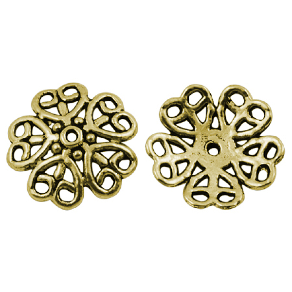 

PandaHall Tibetan Style Alloy Bead Caps, Flower, 5-Petal, Lead Free and Cadmium Free, Antique Golden, 18x4mm, Hole: 1.5mm Alloy