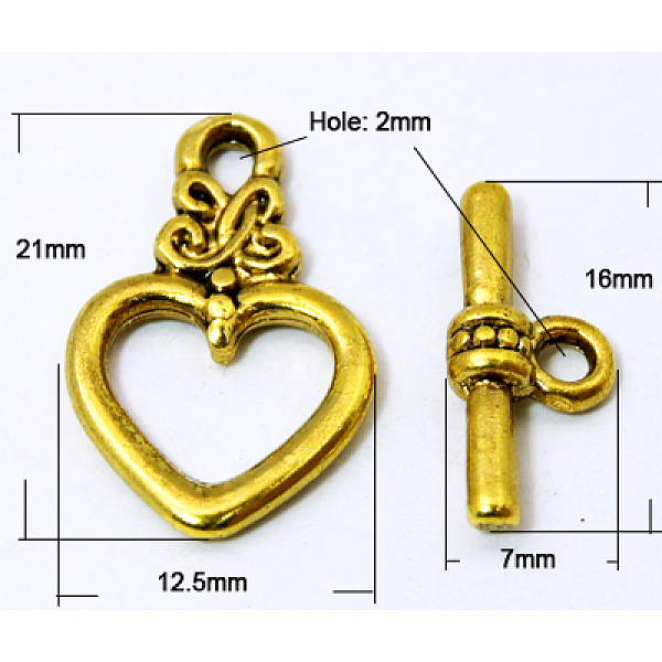 

PandaHall Tibetan Style Toggle Clasps, Cadmium Free & Nickel Free & Lead Free, Heart, Antique Golden, Heart: 21x13mm, hole: 2mm, Bar: 16.5mm...
