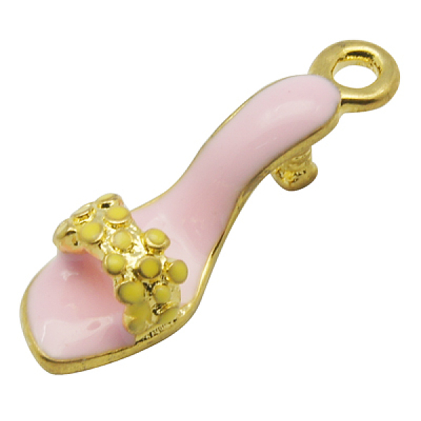 PandaHall Brass Enamel Pendants, High-Heeled Shoes, Golden Metal Color, Pink, 7x23x6mm, Hole: 2mm Brass+Enamel Shoes Pink