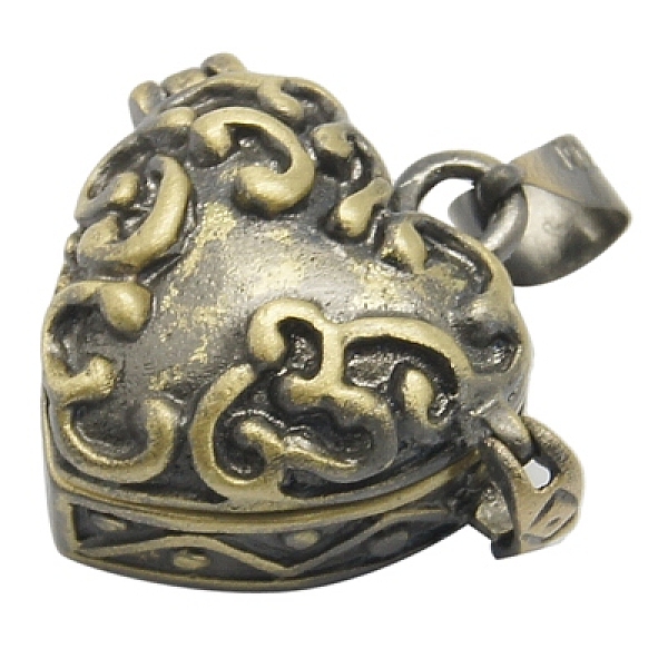 PandaHall Heart Brass Enamel Prayer Box Pendants, Lead Free and Nickel Free, Antique Bronze, 18.7x21x10mm, Hole: 4mm Brass Heart