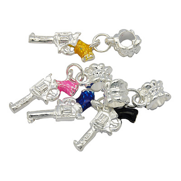 PandaHall Alloy European Style Dangle Beads, with Enamel, Gun, Silver Color, Size: about 33.5mm long, hole: 4mm; gun: about 9.3m