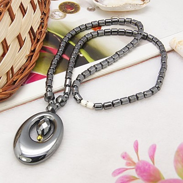 

PandaHall Magnetic Synthetic Hematite Necklaces, with Brass Screw Clasps and Flat Oval Pendants, Black, 17.3 inch Hematite Black