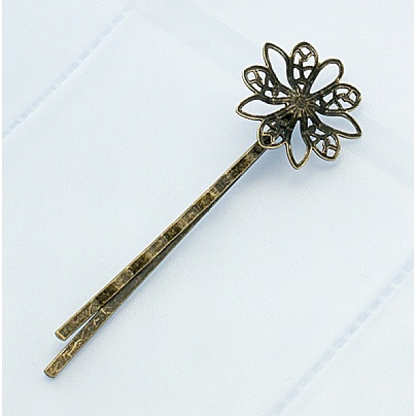 PandaHall Iron Hair Bobby Pin Findings, Flowers, Antique Bronze Color, 62.5x19x6mm Iron