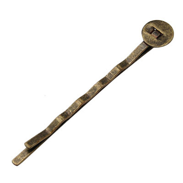 

PandaHall Iron Hair Bobby Pin Findings, Antique Bronze, Size: about 2mm wide, 52mm long, 2mm thick, Tray: 8mm in diameter, 0.5mm thick. Iron