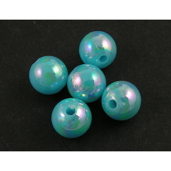 

PandaHall Eco-Friendly Poly Styrene Acrylic Beads, AB Color Plated, Round, Cyan, 10mm, Hole: 2mm, about 980pcs/500g Acrylic Round Cyan