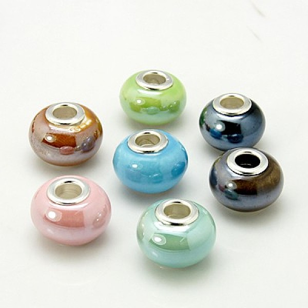 PandaHall Handmade Porcelain European Beads, Large Hole Beads, with Nickel Color Brass Double Cores, Rondelle, Mixed Color, 16x12mm, Hole...