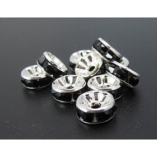 

PandaHall Brass Rhinestone Spacer Beads, Grade A, Silver Color Plated, Rondelle, Black, Size: about 8mm in diameter, 3.5mm thick, hole: 2mm...