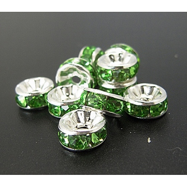 

PandaHall Brass Rhinestone Spacer Beads, Grade A, Silver Color Plated, Rondelle, Pale Green, Size: about 8mm in diameter, 3.5mm thick, hole...