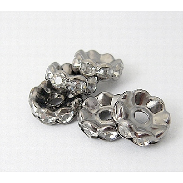 

PandaHall Brass Rhinestone Spacer Beads, Grade A, Waves Edge, Rondelle, Gunmetal, Clear, Size: about 8mm in diameter, 3.5mm thick, hole...