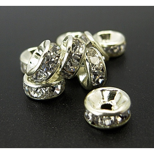 

PandaHall Iron Rhinestone Spacer Beads, Grade A, Rondelle, Straight Edge, Platinum Color, Clear, Size: about 8mm in diameter, 3.5mm thick...