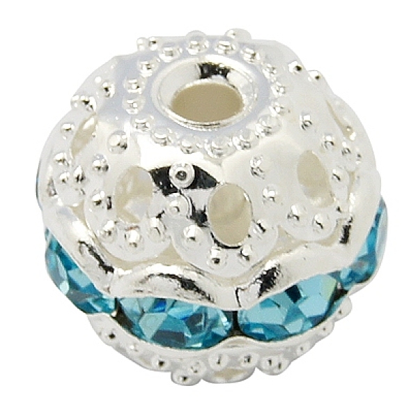 

PandaHall Brass Rhinestone Beads, Grade A, Silver Color Plated, Round, Aquamarine, 10mm, Hole: 1.2mm Brass+Rhinestone Round Cyan