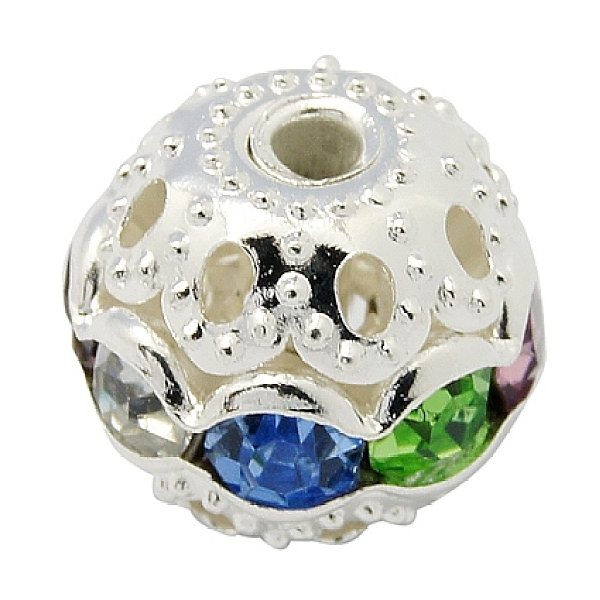 PandaHall Brass Rhinestone Beads, Grade A, Silver Color Plated, Round, Colorful, 12mm in diameter, Hole: 1.5mm Brass+Rhinestone Round...