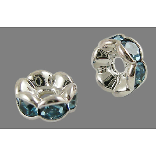 

PandaHall Brass Rhinestone Spacer Beads, Grade AAA, Wavy Edge, Nickel Free, Silver Color Plated, Rondelle, Aquamarine, 5x2.5mm, Hole: 1mm..., Cyan