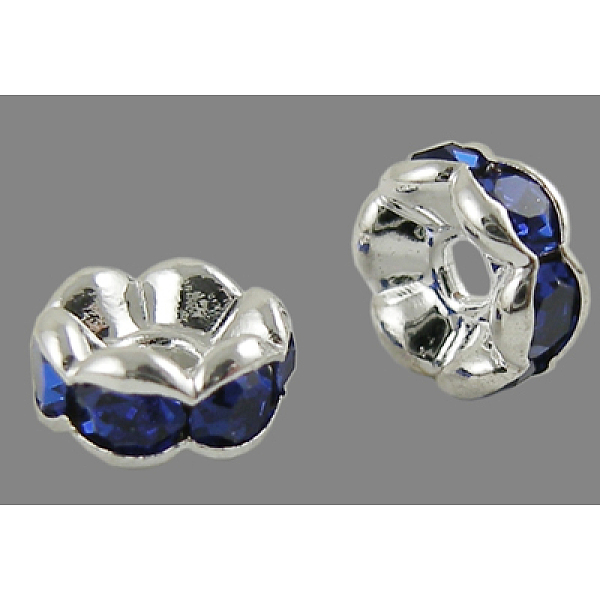 

PandaHall Brass Rhinestone Spacer Beads, Grade A, Wavy Edge, Silver Color Plated, Rondelle, Sapphire, 6x3mm, Hole: 1mm Brass+Rhinestone..., Blue