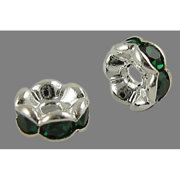 

PandaHall Brass Rhinestone Spacer Beads, Grade AAA, Wavy Edge, Nickel Free, Silver Color Plated, Rondelle, Emerald, 6x3mm, Hole: 1mm..., Green