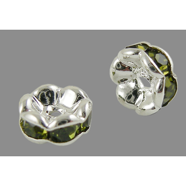 

PandaHall Brass Rhinestone Spacer Beads, Grade AAA, Wavy Edge, Nickel Free, Silver Metal Color, Rondelle, Olivine, 6x3mm, Hole: 1mm..., Green