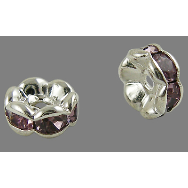 

PandaHall Brass Rhinestone Spacer Beads, Grade A, Wavy Edge, Silver Color Plated, Rondelle, Light Amethyst, 6x3mm, Hole: 1mm..., Purple