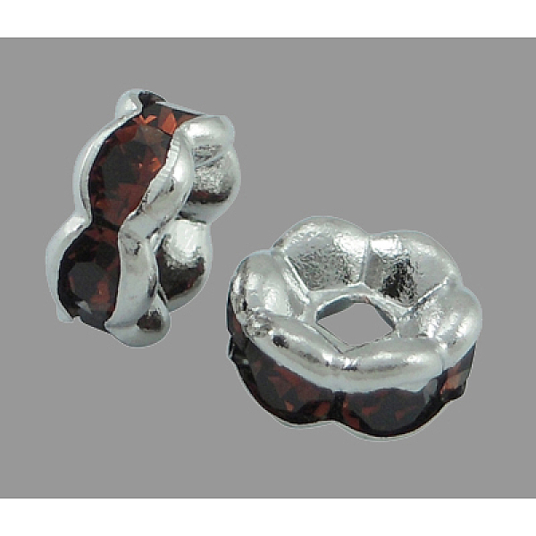 PandaHall Brass Rhinestone Spacer Beads, Grade AAA, Wavy Edge, Nickel Free, Silver Metal Color, Rondelle, Coffee, 6x3mm, Hole: 1mm...
