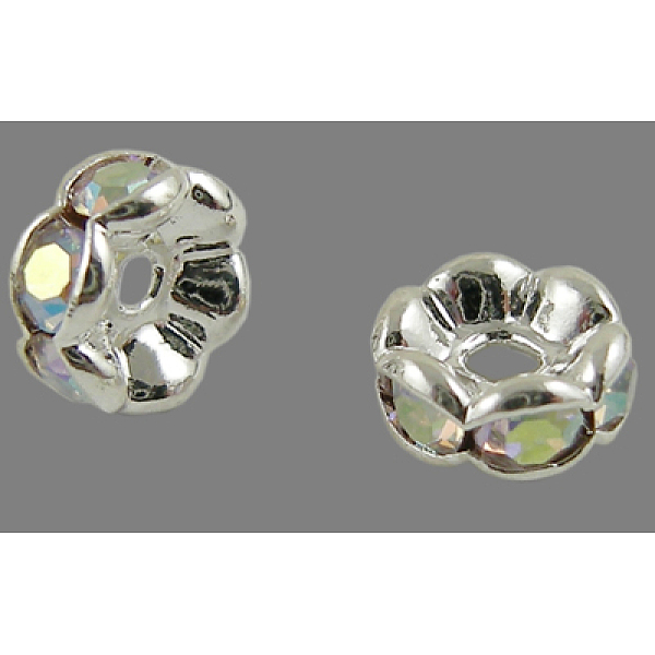 

PandaHall Brass Rhinestone Spacer Beads, Grade A, Wavy Edge, Silver Color Plated, Rondelle, Crystal AB, 7x3.2mm, Hole: 1mm Brass+Rhinestone..., Clear