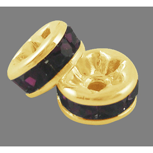

PandaHall Brass Rhinestone Spacer Beads, Grade A, Straight Flange, Golden Metal Color, Rondelle, Amethyst, 6x3mm, Hole: 1mm Brass+Rhinestone..., Purple