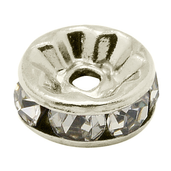 

PandaHall Brass Rhinestone Spacer Beads, Grade A, Straight Flange, Platinum Metal Color, Rondelle, Crystal, 8x3.8mm, Hole: 1.5mm..., Clear