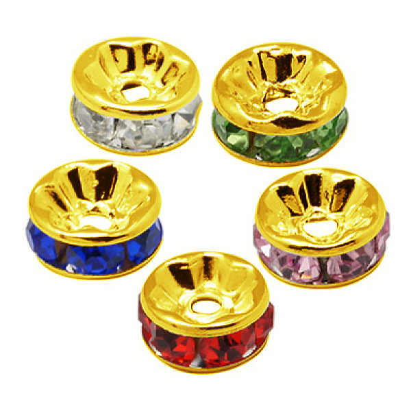 

PandaHall Brass Rhinestone Spacer Beads, Grade A, Straight Flange, Golden Metal Color, Rondelle, Mixed Color, 8x3.8mm, Hole: 1.5mm..., Multicolor
