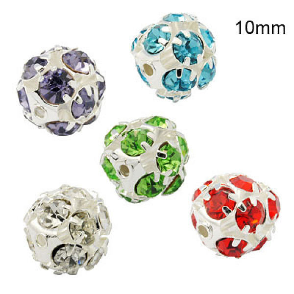 

PandaHall Brass Rhinestone Beads, with Iron Single Core, Grade A, Silver Color Plated, Round, Mixed Color, 10mm in diameter, Hole: 1mm..., Multicolor