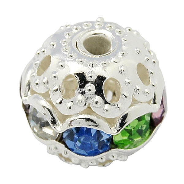 

PandaHall Brass Rhinestone Beads, Grade A, Round, Silver Color Plated, Colorful, Size: about 10mm in diameter, hole: 1.2mm Brass+Rhinestone...