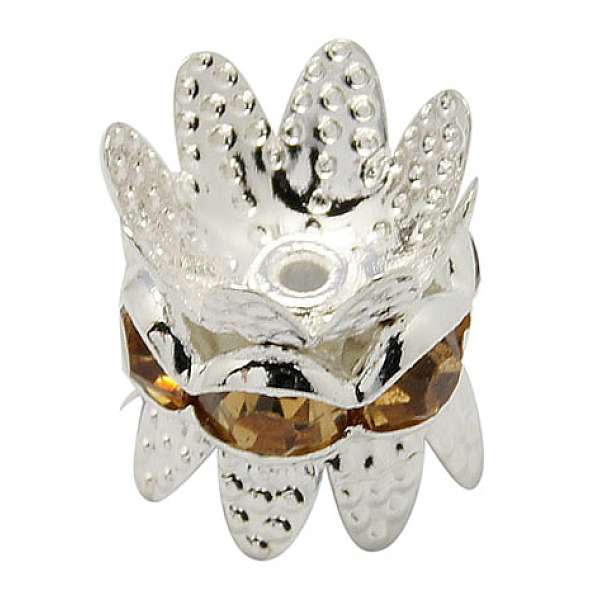 

PandaHall Brass Rhinestone Bead Caps, Cap Spacer, Flower, Silver Color Plated, Goldenrod, Size: about 8mm in diameter, 9mm thick, hole..., Gold