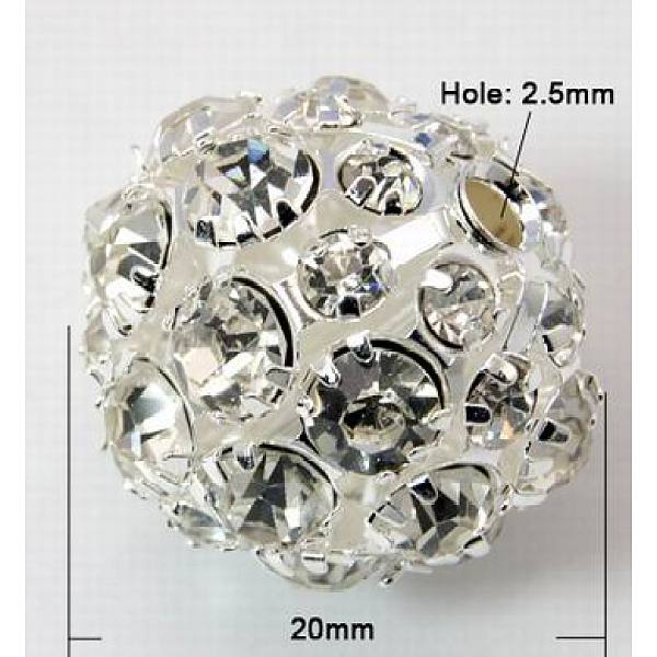 PandaHall Brass Rhinestone Beads, Grade A, Round, Clear, 20mm, Hole: 2.5mm Brass+Rhinestone Round Clear