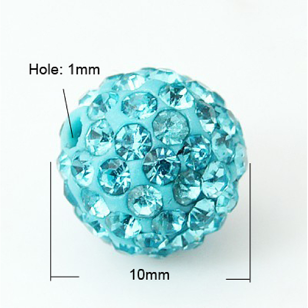 PandaHall Pave Disco Ball Beads, Polymer Clay Rhinestone Beads, Grade A, Aquamarine, PP13(1.9~2mm), 10mm, Hole: 1mm Polymer Clay+Glass...
