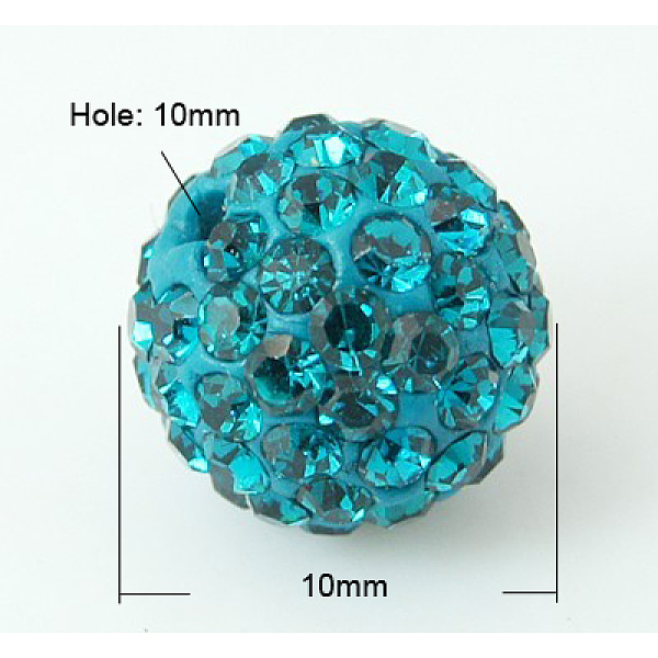 

PandaHall Pave Disco Ball Beads, Polymer Clay Rhinestone Beads, Grade A, Blue Zircon, PP13(1.9~2mm), 10mm, Hole: 1mm Polymer Clay+Glass..., Cyan