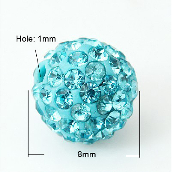 PandaHall Pave Disco Ball Beads, Polymer Clay Rhinestone Beads, Grade A, Aquamarine, PP11(1.7~1.8mm), 8mm, Hole: 1mm Polymer Clay+Glass...