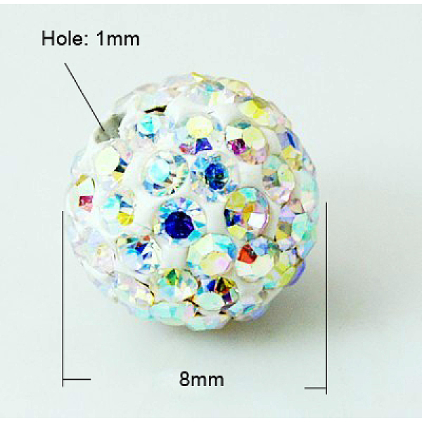 

PandaHall Pave Disco Ball Beads, Polymer Clay Rhinestone Beads, Grade A, Crystal AB, PP11(1.7~1.8mm), 8mm, Hole: 1mm Polymer Clay+Glass..., Clear