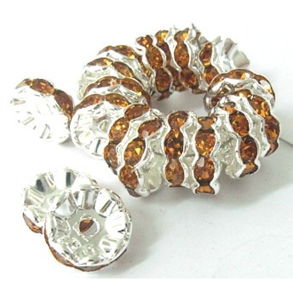 

PandaHall Rhinestone Spacer Beads, Brass, Rondelle, Silver Color Plated, 10mm, hole: about 1.5mm Brass+Rhinestone Rondelle Gold