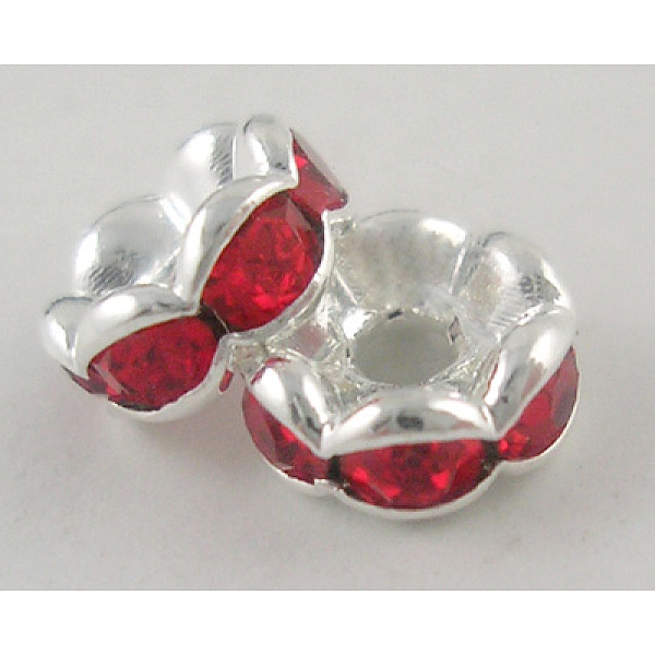 

PandaHall Brass Rhinestone Spacer Beads, Grade A, Red Rhinestone, Silver Color Plated, Nickel Free, about 8mm in diameter, 3.8mm thick, hole...