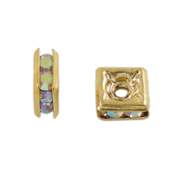 

PandaHall Brass Rhinestone Spacer Beads, Square, Nickel Free, AB Color, Clear AB Golden Plated, 6mmx6mmx3mm, hole: 1mm Brass+Rhinestone..., White